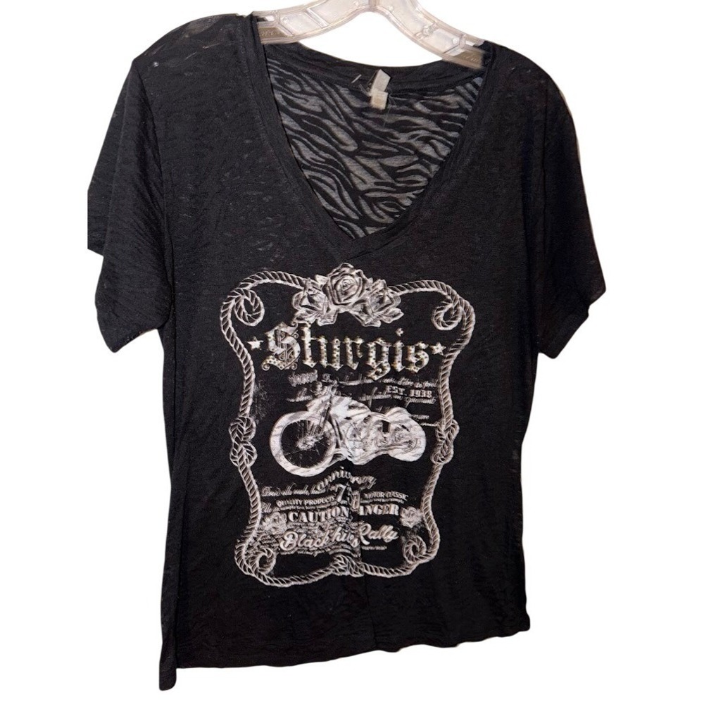 Sturgis Black Hills Rally Motorcycle Graphic V-Neck T-Shirt Womens 2XL Black
